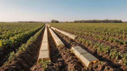Agricultural Irrigation System in a Vast Field Under Clear Skies.