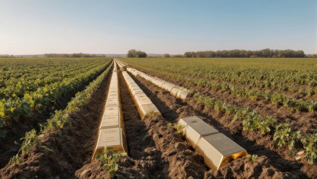 Agricultural Irrigation System in a Vast Field Under Clear Skies.