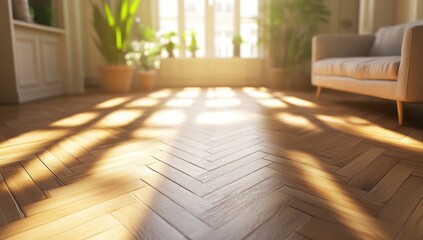 Sunlit parquet floor in a cozy living room creates a warm atmosphere