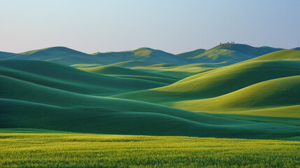 Sun-kissed rolling green hills bathed in golden hour light create a breathtaking, serene landscape perfect for evoking nature's beauty and tranquility in visual storytelling.