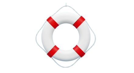 White life preserver ring with red stripes hanging by rope, isolated on a white or transparent background, cutout, PNG