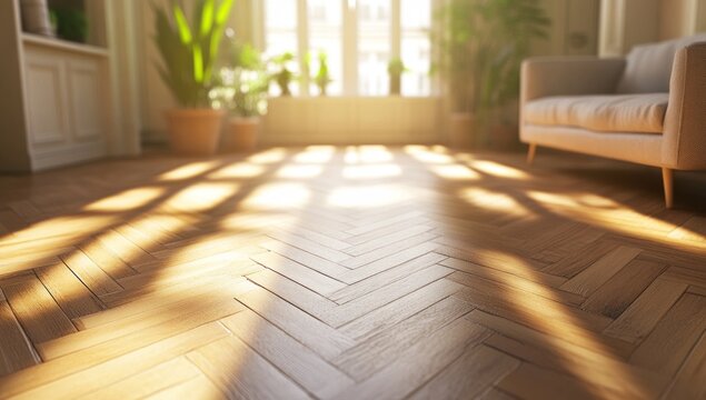 Sunlit parquet floor in a cozy living room creates a warm atmosphere