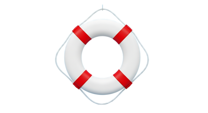 White life preserver ring with red stripes hanging by rope, isolated on a white or transparent background, cutout, PNG - Powered by Adobe