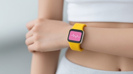 Woman Adjusts Watch, Closeup of Woman Wearing Yellow Smartwatch, Portrait of Woman in White Top Adjusting Smartwatch, Detailed View of Woman in White Top with Smartwatch and Fitness