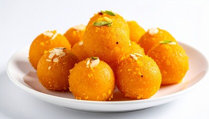 Motichoor ladoos with almond and pistachio garnish on plate for editorial culinary photography traditional Indian dessert design and poetic celebration-themed visuals