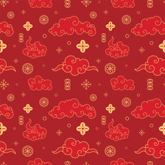 Elegant Chinese New Year Traditional Seamless Pattern. Asian Seamless Pattern with Golden Clouds and Floral Ornaments on Red Background. 