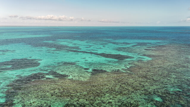 Aerial view of the clear turquoise waters contrasting with the dark textures of the coral reefs beneath the surface., Key West, Florida, United States.