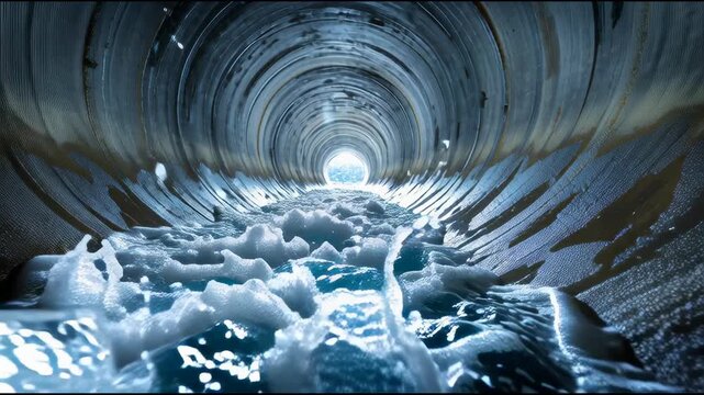 Tunnel of Flow: An internal perspective reveals an expansive tunnel, channeling a torrent of water with dramatic motion and textures.