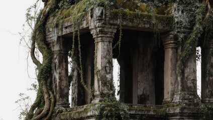 Ancient Temple Ruins Overgrown with Lush Green Jungle Vegetation.