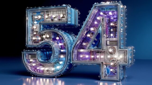 Digitally rendered number fifty four with metallic and illuminated elements