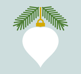 Christmas white ball hanging ornament and fir branches. Vector illustration.