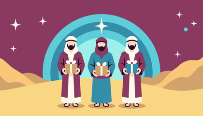Three wise kings presenting gifts under starry night sky, Día de los Reyes symbolism
