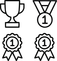 First Place Award Outline Icons Set  Trophy Medal and Rosette Symbols of Victory