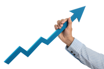 Hand holding a blue rising arrow graph symbolizing growth, progress, and business success. Perfect for financial, economic, marketing, and leadership concepts. Isolated on transparent background, PNG 