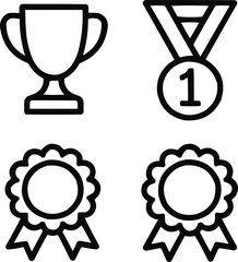 First Place Award Outline Icons Set  Trophy Medal and Rosette Symbols of Victory