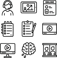 First Place Award Outline Icons Set  Trophy Medal and Rosette Symbols of Victory