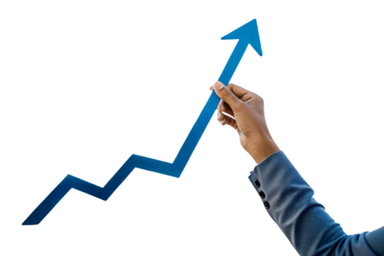 Hand holding a blue rising arrow graph symbolizing growth, progress, and business success. Perfect for financial, economic, marketing, and leadership concepts. Isolated on transparent background, PNG 