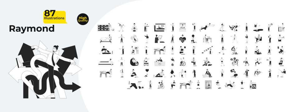 Caucasian man character with everyday lifestyle, business outline illustrations mega bundle. Daily routine, work, hobbies 2D linear images isolated. Collection black and white vector drawings