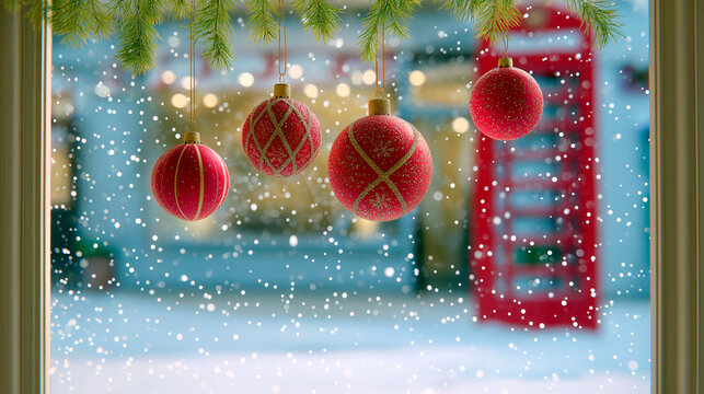 Red Christmas baubles hanging on fir branches with snowfall and blurred British phone booth in the background