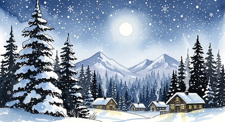 Watercolor Winter Night Landscape with Cabins and Snowy Pines