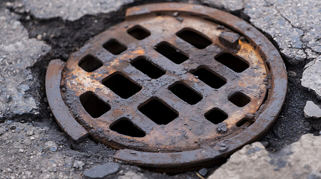 Captured up-close: a circular metal drain cover sits in cracked asphalt. The cover, with its grid of rectangular holes, shows signs of wear and rust, amidst the broken pavement.
