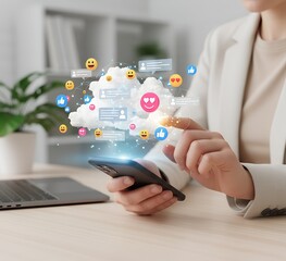 Modern social media communication cloud with floating emojis, hearts, and likes above smartphone. Online engagement, digital interaction, social networking, internet connection, and communication tech