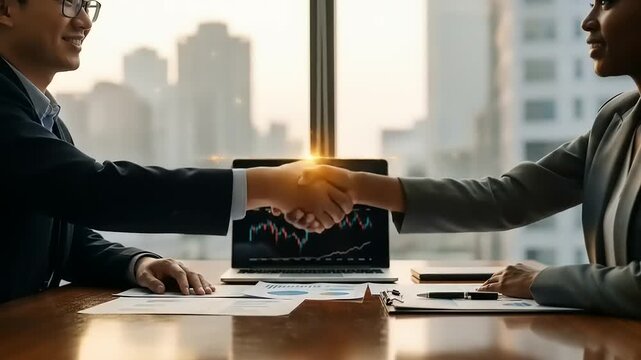 Business partners shaking hands in a modern office with city view. - Powered by Adobe