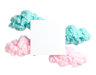 Blank white square card surrounded by pink and teal cotton candy clouds