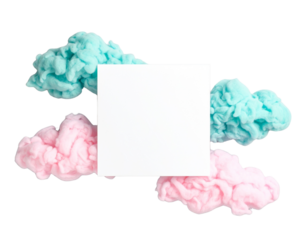 Blank white square card surrounded by pink and teal cotton candy clouds