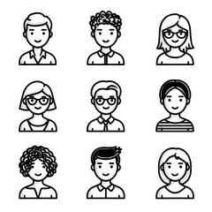 Illustration shows collection of nine different person avatars with various hairstyles, clothes, and accessories like glasses on a transparent background