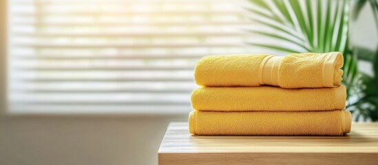 Stack of soft and clean yellow towels on wooden table with a bright sunny background