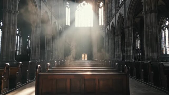 An empty Gothic cathedral interior with dramatic light rays streaming from a window. Cinematic shot moving down the central aisle of a historic church. Religion and faith concept