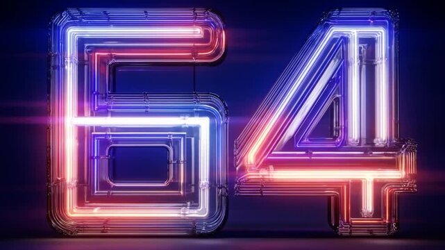 Neon sixty four illuminated digital number on dark background
