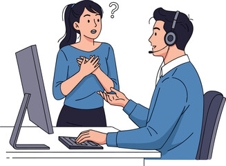 Create a kind of deferent Simple vector icon illustration of a young woman asking a question to an operator vector art with white background..