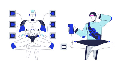 AI high energy consumption 2D illustration concept. Electricity demand. Robot connected to power outlets, human charging smartphone cartoon characters isolated on white. Flat abstract vector metaphor