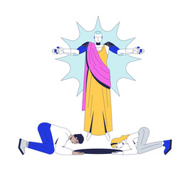 Worshipping artificial intelligence 2D illustration concept. AI deity. Religion reverence. Divine robot with people praying bowing cartoon characters isolated on white. Flat abstract vector metaphor