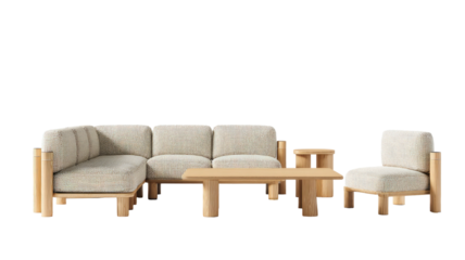 Couch, chair, table set light wood, comfy look, neutral