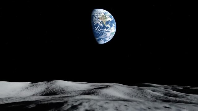 Earthrise over lunar cratered surface