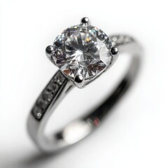 Elegant Diamond Engagement Ring in White Gold on White Background