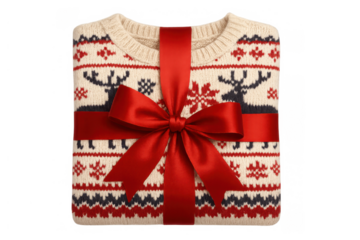 Christmas sweater gift for winter holidays, a folded pullover with festive reindeer pattern and red ribbon on transparent background