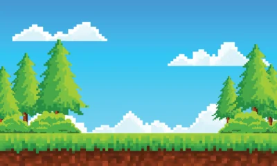 Selbstklebende Fototapeten Bauernhof Flat cartoon of pixel art landscape illustration background for Retro Game Design  © ikkiae01