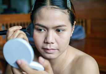 Beauty & Skin Care Woman, makeup brush and blush   Female person, Beautiful Indian Female Holding...