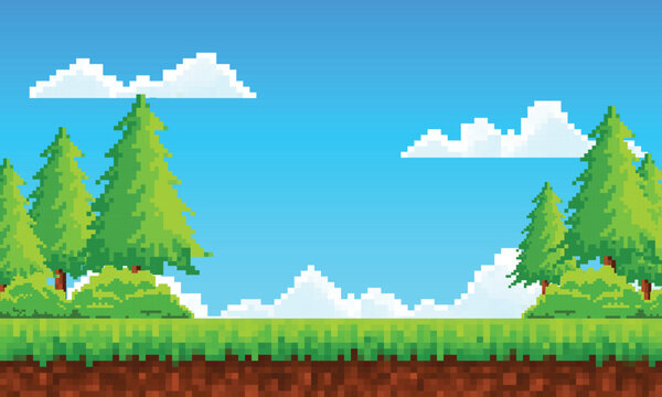 Flat cartoon of pixel art landscape illustration background for Retro Game Design