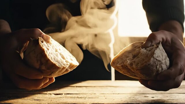 Hands breaking a fresh rustic loaf of bread. Warm steam rises from the homemade sourdough. The concept of sharing and nourishment.