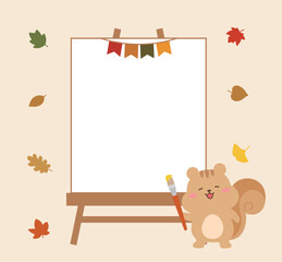 A cute squirrel holding a paintbrush stands next to a white easel canvas. Surrounded by autumn leaves and decorative bunting, it's perfect for children's art, creativity, and seasonal border designs.