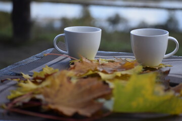 Cozy autumn scene with two cups and leaves