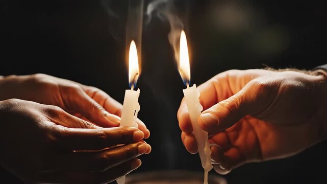 Two pairs of hands holding lit candles in the dark. A close-up of flickering flames during a solemn ceremony. Vigil, remembrance, and hope concept
