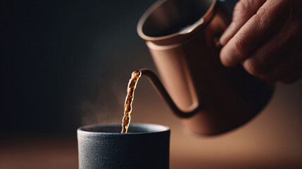 Pouring rich, dark liquid into a cup. Emphasizes warmth, a daily ritual, and the pleasure of simple moments. Perfect for coffee, lifestyle, or mindfulness themes.
