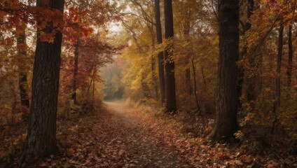 Obraz premium Autumn Forest Path - A Serene Walk Through Colorful Foliage.