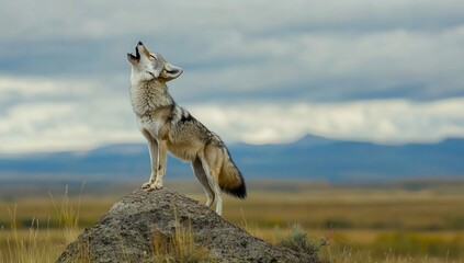 Lone coyote howling atop a rock formation against the serene landscape
